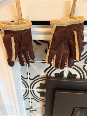 Brown Leather Knit-Trim Gloves
